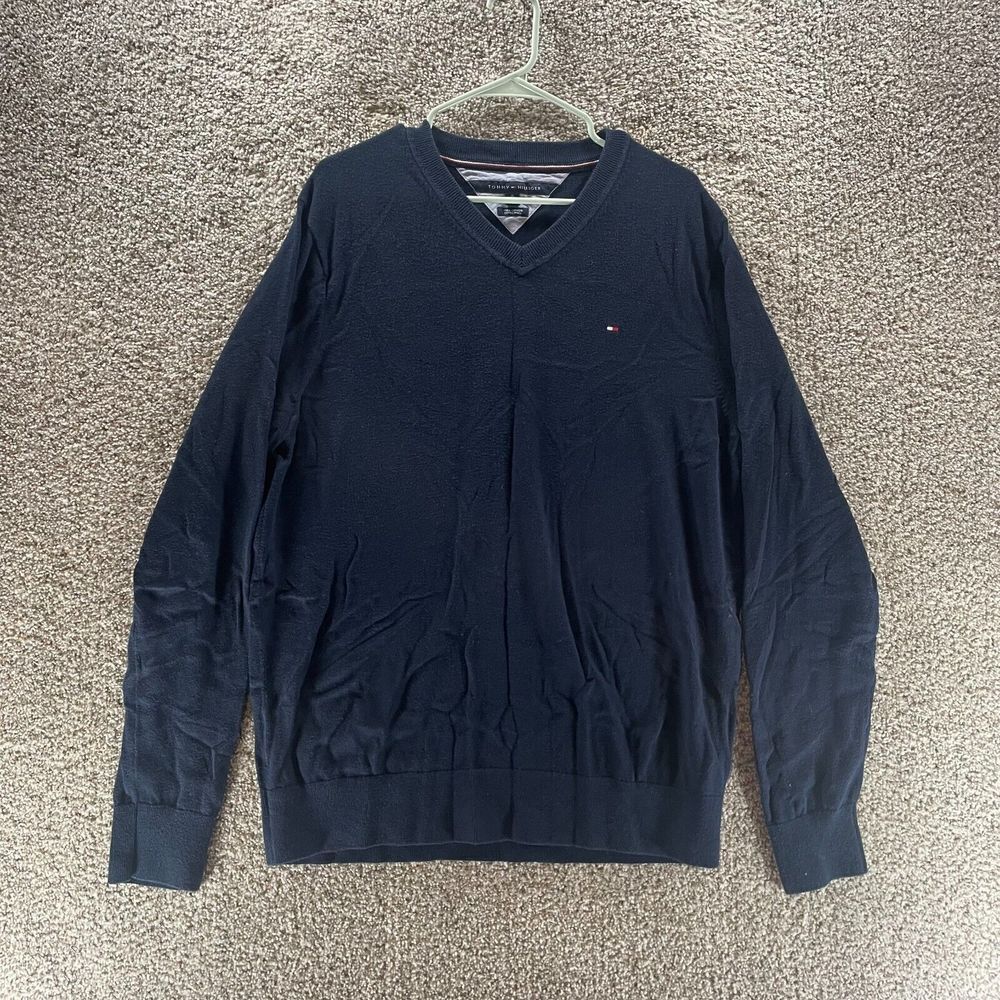Tommy Hilfiger Sweater Adult Extra Large Blue V Neck Pima Cotton Pullover Mens
